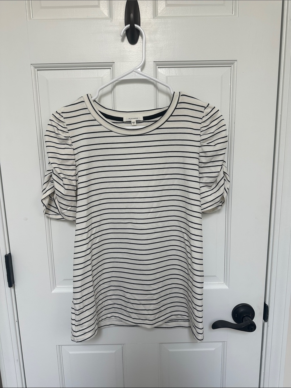 Pleione Cream and Black Striped Puff Sleeve Tee